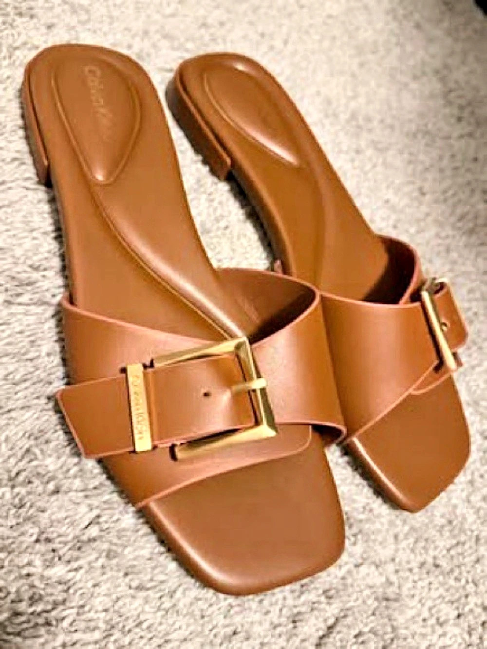 Calvin Klein Buckle Flat Slide Sandal Brown
